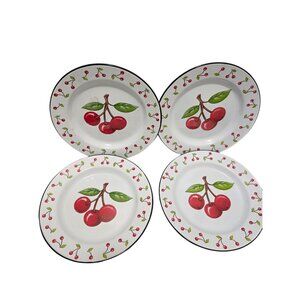 VTG SET OF 4 MARTHA EMIG CHERRY DESIGN Y2K DINNER PLATES WHITE/ RED CHERRIES & B